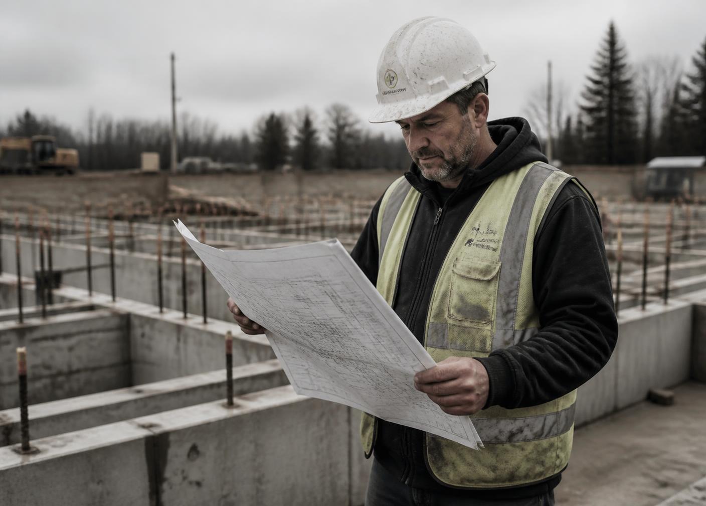 Construction foreman reviewing plans on a foundation job site