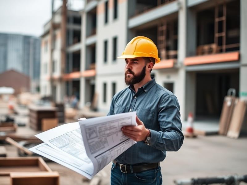 General contractor reviewing blueprints at a build site