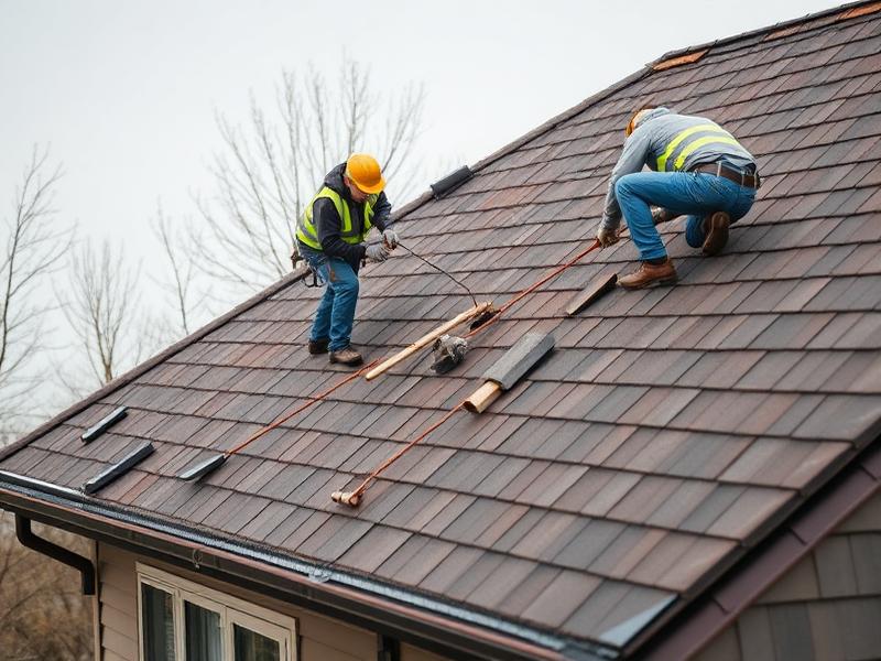 Roofers installing shingles on a residential roof